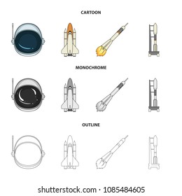 A spaceship in space, a cargo shuttle, A launch pad, an astronaut helmet. Space technology set collection icons in cartoon,outline,monochrome style vector symbol stock illustration web.