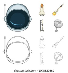 A spaceship in space, a cargo shuttle, A launch pad, an astronaut helmet. Space technology set collection icons in cartoon,outline style vector symbol stock illustration web.