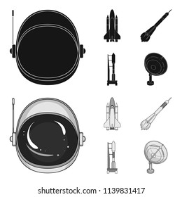 A Spaceship In Space, A Cargo Shuttle, A Launch Pad, An Astronaut Helmet. Space Technology Set Collection Icons In Black,monochrom Style Vector Symbol Stock Illustration Web.