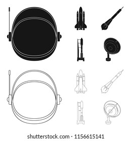 A spaceship in space, a cargo shuttle, A launch pad, an astronaut helmet. Space technology set collection icons in black,outline style vector symbol stock illustration web.