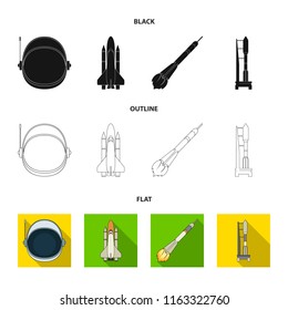 A spaceship in space, a cargo shuttle, A launch pad, an astronaut helmet. Space technology set collection icons in cartoon style vector symbol stock illustration web.