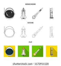 A spaceship in space, a cargo shuttle, A launch pad, an astronaut s helmet. Space technology set collection icons in flat,outline,monochrome style vector symbol stock illustration web.