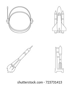 A spaceship in space, a cargo shuttle, A launch pad, an astronaut's helmet. Space technology set collection icons in outline style vector symbol stock illustration web.