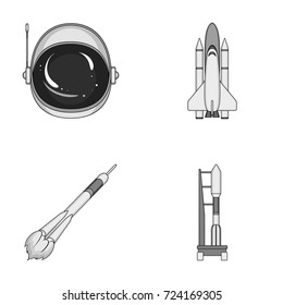 A spaceship in space, a cargo shuttle, A launch pad, an astronaut's helmet. Space technology set collection icons in monochrome style vector symbol stock illustration web.