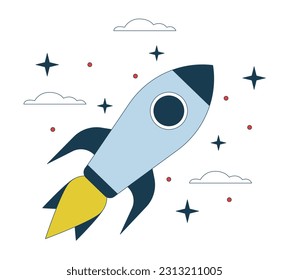 Spaceship in space flat line vector spot illustration. Shuttle in orbit 2D cartoon outline object on white for web UI design. Rocket flying in space editable isolated colorful hero image