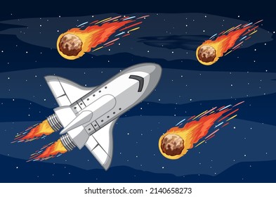 Ein Raumschiff im Raum mit Meteoritgrafik