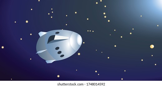 Spaceship in space on the stars background. Space news illustration. Vector. Galaxy. Launched rocket