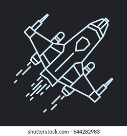 Spaceship in space outline, linear flying rocket, spacecraft cosmos adventure graphic design. vector