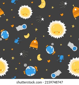 Spaceship, space, planets, elements seamless pattern graphic. Illustration for design of children's rooms, textiles, holidays, wallpapers, backgrounds.