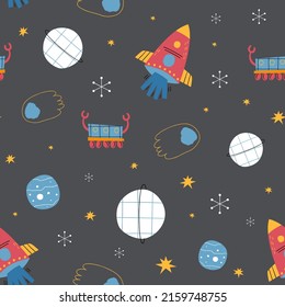 Spaceship, space, planets, elements seamless pattern graphic. Illustration for design of children's rooms, textiles, holidays, wallpapers, backgrounds.
