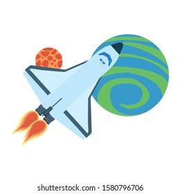 spaceship with space planets icon over white background, colorful design , vector illustration