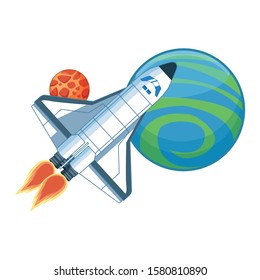 spaceship with space planets icon over white background, vector illustration