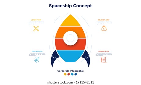 Spaceship or space rocket divided into 4 layers or levels. Concept of four stages of business project launch. Corporate infographic design template. Modern flat vector illustration for presentation.