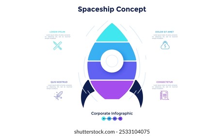 Nave espacial o cohete espacial dividido en 4 capas o niveles. Concepto de cuatro etapas de lanzamiento del proyecto empresarial. Plantilla Corporativa de diseño de infografía. Moderna Ilustración vectorial plana para presentación.