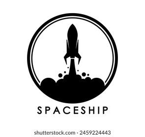 Spaceship, space rocket icon. Isolated emblem of black spacecraft silhouette launch, ascending with smoke clouds inside of circle, conveying innovation, travel, exploration and technology progress