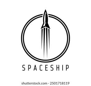 Spaceship, space rocket icon. Isolated vector emblem of black spacecraft silhouette launch, ascending with trails inside of circle, conveying futuristic exploration, galaxy travel and tech startups