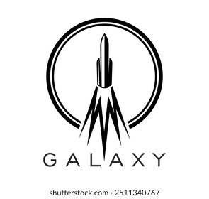 Spaceship, space rocket icon. Isolated vector black launching shuttle with fire trail enclosed within a circle. Advanced technology, cosmic exploration mission or interstellar galaxy travel emblem