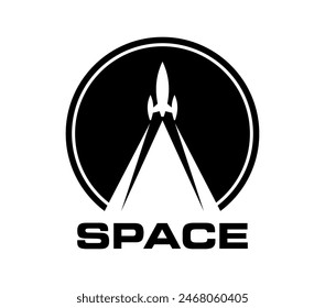 Spaceship or space rocket launch icon of vector space travel and astronomy science. Spaceship, rocket or shuttle carrier startup with smoke trace or takeoff fire flame with planet globe silhouette