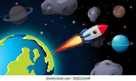 Spaceship in space scene with planets and asteroids illustration