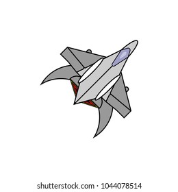 Spaceship or space shuttle flat vector illustration. Icon for comics cartoon design. Retro spacecraft symbol isolated. Cosmonaut researcher vehicle symbol. Scientific research startup rocket launch