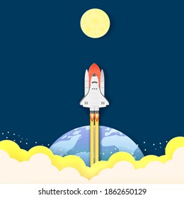 Spaceship and space shuttle launching to the moon among the stars paper art vector. paper art illustration