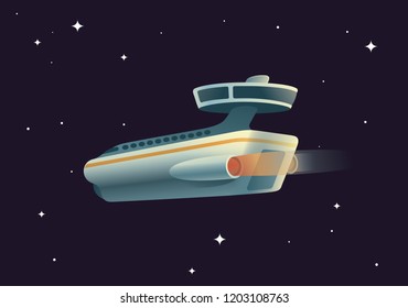 Spaceship, space station on black sky background with stars, which carries passengers in the space