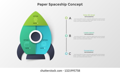 Spaceship or spacecraft divided into 3 colorful parts. Concept of three options or steps of startup project launch. Paper infographic design template. Modern vector illustration for presentation.