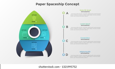 Spaceship or spacecraft divided into 4 colorful parts. Concept of four options or steps of startup project launch. Paper infographic design template. Modern vector illustration for presentation.