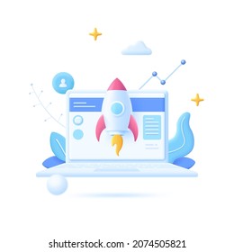 Spaceship or spacecraft starting from laptop computer and ascending chart. Concept of digital startup project launch, beginning of innovative business.3D cartoon vector illustration for banner, poster