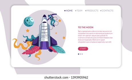 Spaceship and spaceman in pressure suit to Moon expedition web page template vector space rocket and natural Earth satellite astronaut in cosmos voyage traveling universe Internet site mockup