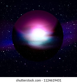 Spaceship. Sphere flying in space against the background of the nebula and constellations. Open space. Illustration UFO. The glass planet.
