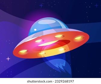 Nave espacial con icono de estrellas. Insignia con platillo con alienígenas de OVNI para el diseño del juego. Elemento espacial del universo en estilo 3d isométrico realista. Dibujo vectorial plano de dibujos animados aislado en fondo azul