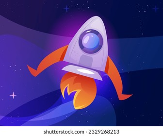 Spaceship with stars icon. Isometric realistic flying rocket with stars. Fantasy universe 3d element with cosmic ship for game UI design. Cartoon flat vector illustration isolated on blue background