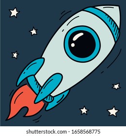 Spaceship and stars. Vector stock illustration. Colored rocket.