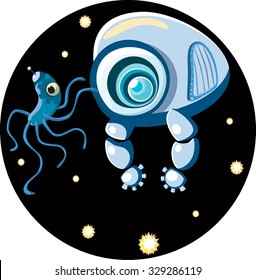 Spaceship with stars.Creatures with spaceship.Sopaceship story.Flying spaceship.In space.Spaceships on black.
