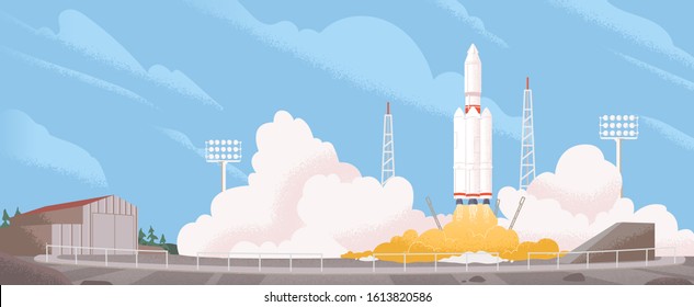 Spaceship start cartoon vector illustration. Heavy rocket carrier taking off, launching satellite or international station on Earth orbit. Space exploration and modern technology concept.