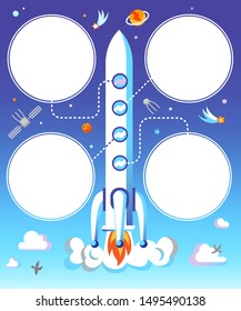 Spaceship start flat vector illustration. Startup launch, business development creative metaphor. Rocket science, cosmos exploration, space travel. Spacecraft flying up, stars, planets and satellites
