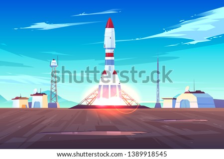 Spaceship start, heavy rocket carrier taking-off, launching satellite or international station on Earth orbit cartoon vector illustration. Space exploration, solar system planets colonization program