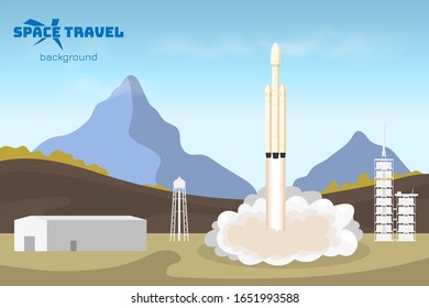 Spaceship start. Industrial background with rocket. Space travel's concept. Spaceship launch in cartoon style. Tachnology landscape