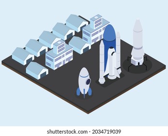 Spaceship startup innovation on the launching area near the factory building. Isometric vector concept