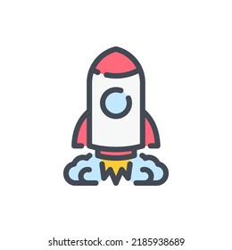 icono de línea de color de inicio y de nave espacial. Signo colorido del contorno del cohete en el vector espacial.