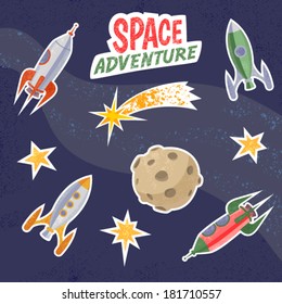 Spaceship stickers. Retro vector illustration of rockets, moon, comet and stars.