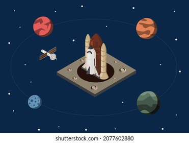 spaceship surrounded by planets and standing on a platform (isometric view)