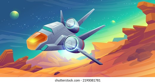 Spaceship take off from alien planet, space shuttle flying over landscape with rocks and green sky. Interstellar travel, cosmos or universe exploration, fantasy game scene, Cartoon vector illustration