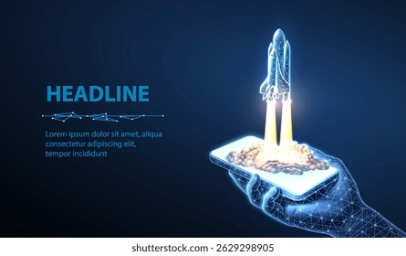 Spaceship takeoff and phone in hand. Rocket launch, Space shuttle, Mission start, Digital technology in spacecraft, Space travel, Startup concept, Rocket flight, discovery concept. Start up symbol
