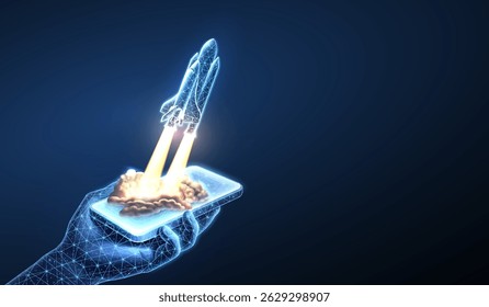 Spaceship takeoff and phone in hand. Rocket launch, Space shuttle, Mission start, Digital technology in spacecraft, Space travel, Startup concept, Rocket flight, discovery concept. Start up symbol