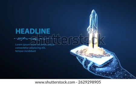 Spaceship takeoff and phone in hand. Rocket launch, Space shuttle, Mission start, Digital technology in spacecraft, Space travel, Startup concept, Rocket flight, discovery concept. Start up symbol
