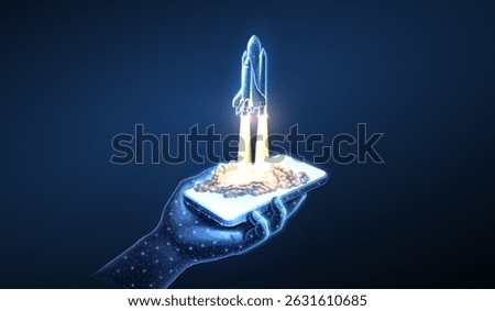 Spaceship takeoff and phone in hand. Rocket launch, Space shuttle, Mission start, Digital technology in spacecraft, Space travel, Startup concept, Rocket flight, discovery concept. Start up symbol