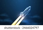 Spaceship takeoff. Rocket launch, Space shuttle, Mission start, Digital technology in spacecraft, Space travel, Rocket flight, discovery concept. Startup company symbol