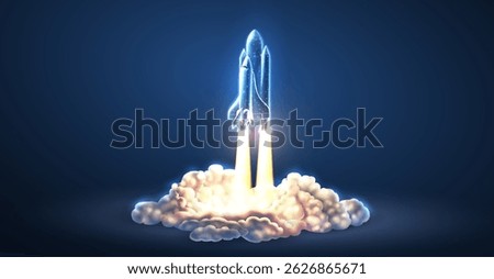 Spaceship takeoff. Rocket launch, Space shuttle, Mission start, Digital technology in spacecraft, Space travel, Startup concept, Rocket flight, discovery concept. Start up symbol